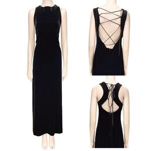 ALGO Velvet 90’s Vintage Gown High Neck Luxury Goth Minimalist Black Dress sz 14